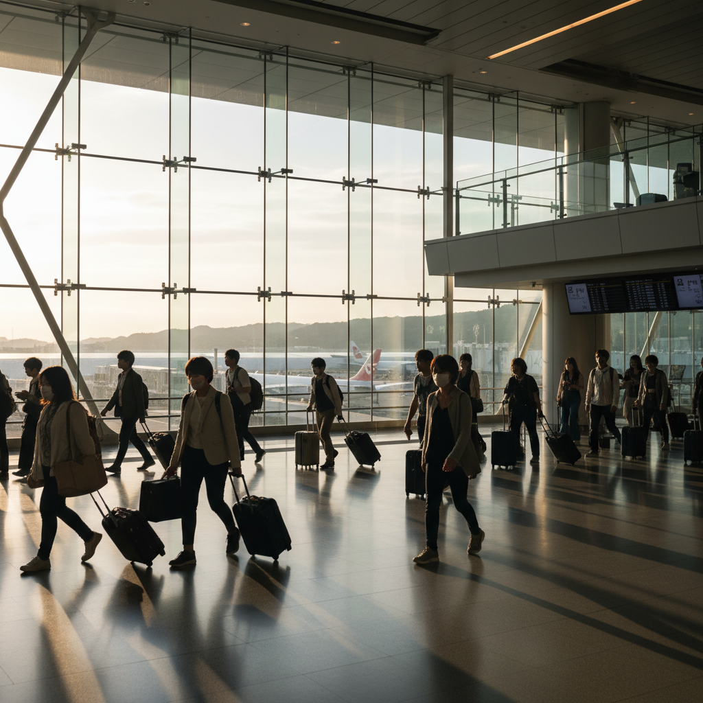 成田機場入境大廳,旅客排隊通關