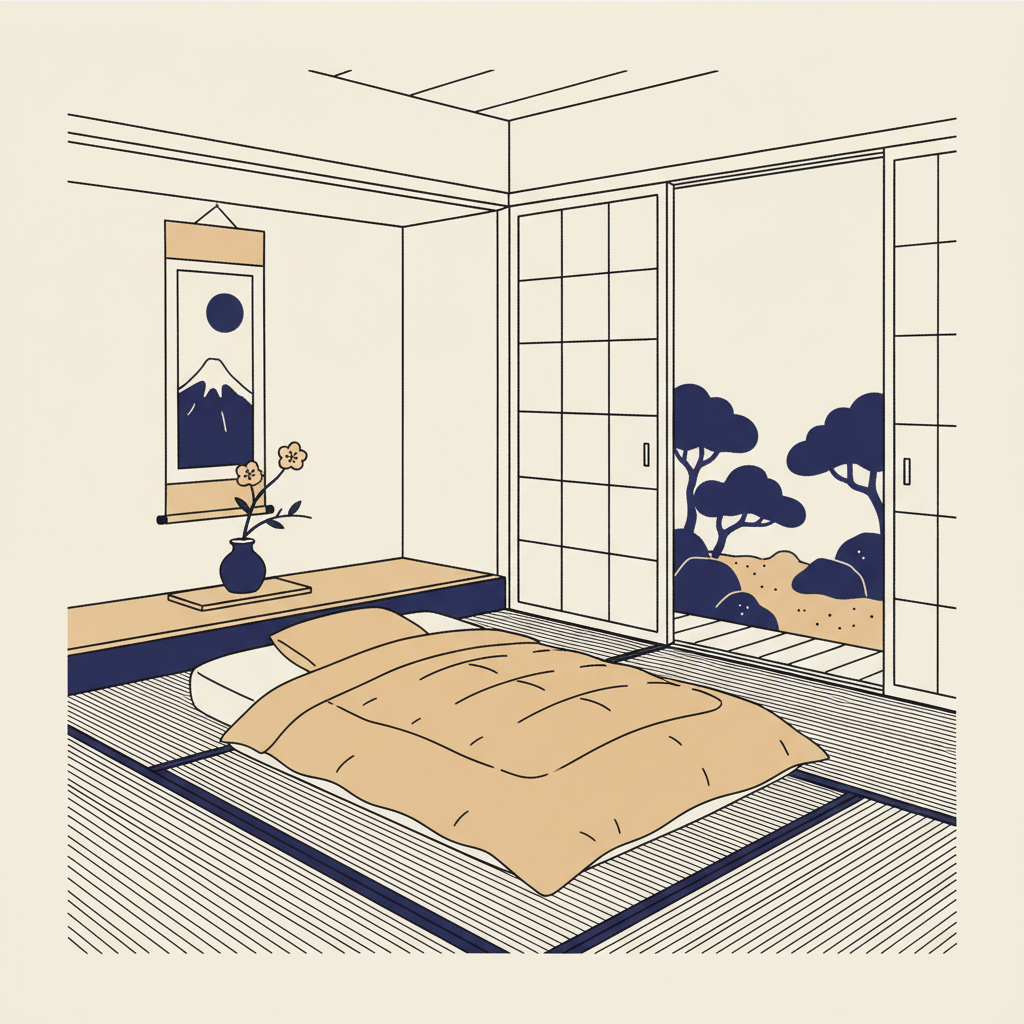 傳統日式溫泉旅館的和室房間,鋪著榻榻米
