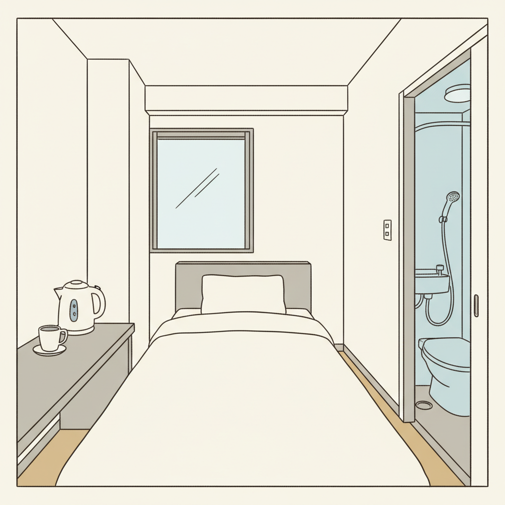 典型的日本商務飯店雙人房，乾淨但緊湊